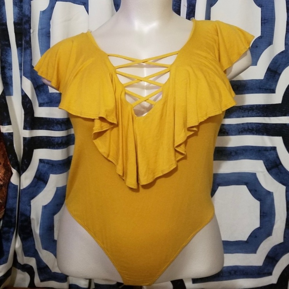 Forever 21 Mustard Caged Front Bodysuit